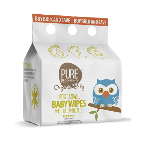Pure Beginnings 192-Wipes Organic Vegan Biodegradable Baby Wipes with Aloe